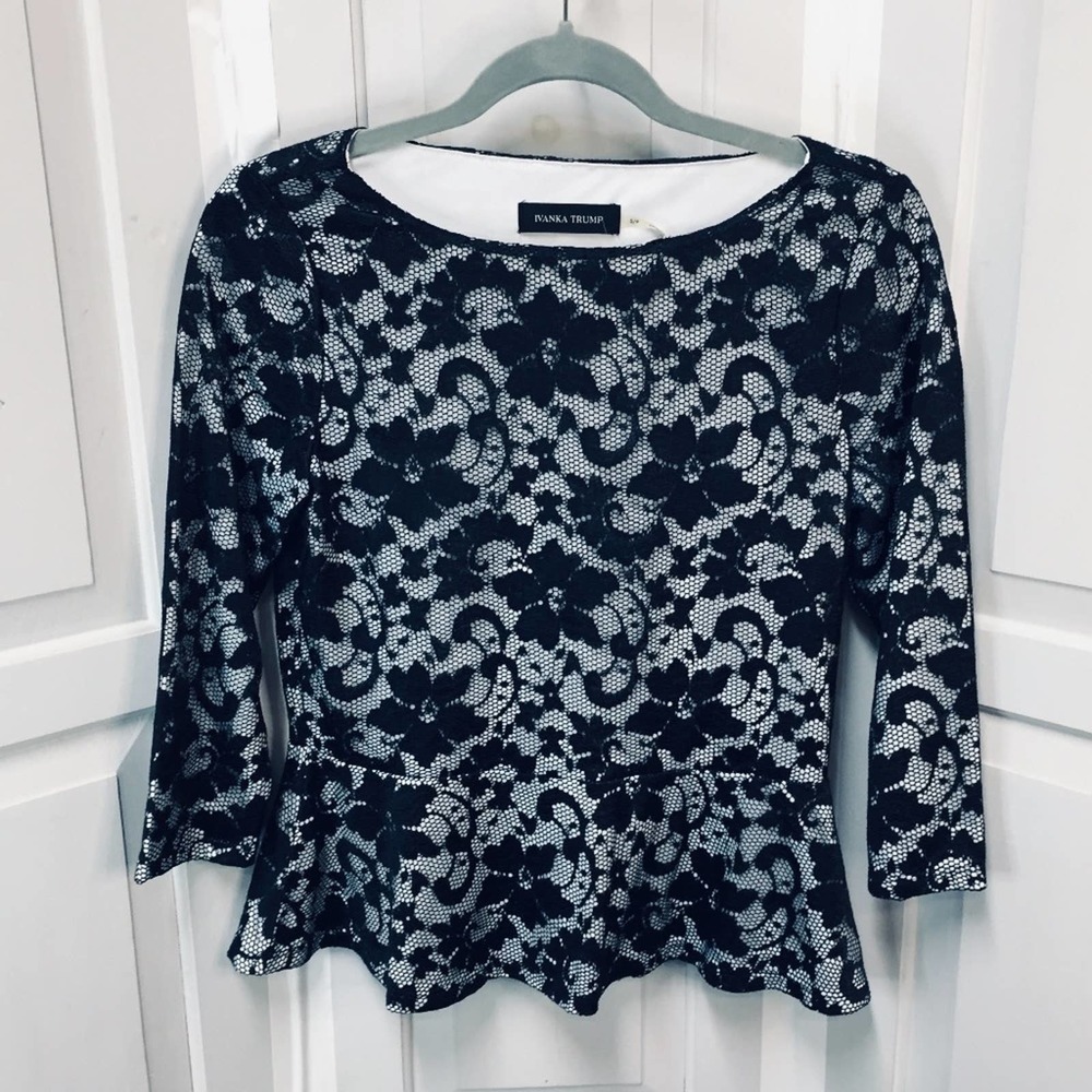 Ivanka Trump Black Lace & White Peplum Top